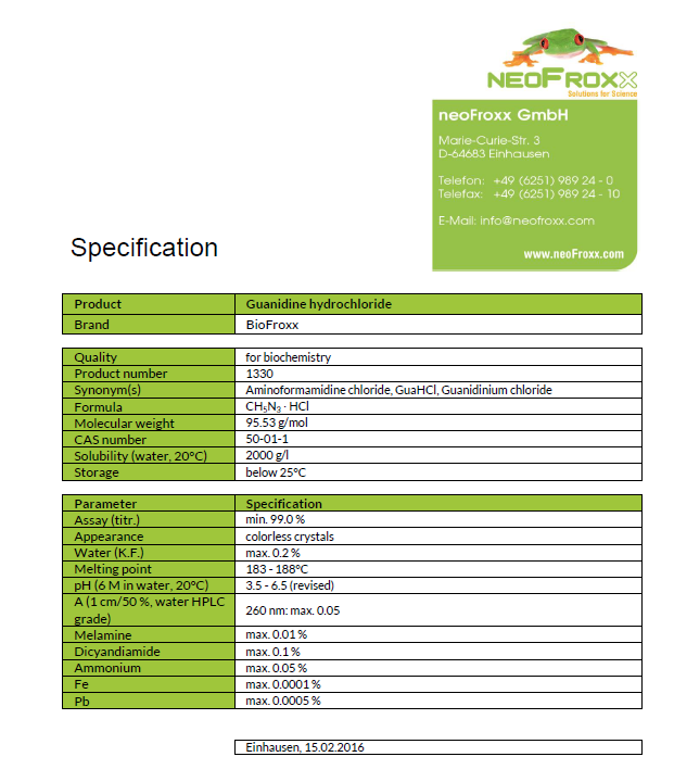 Analysezertifikat-specification