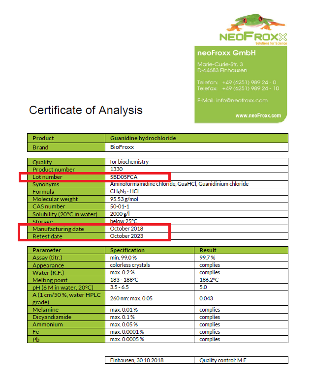 Analysezertifkat-certificate of analyses